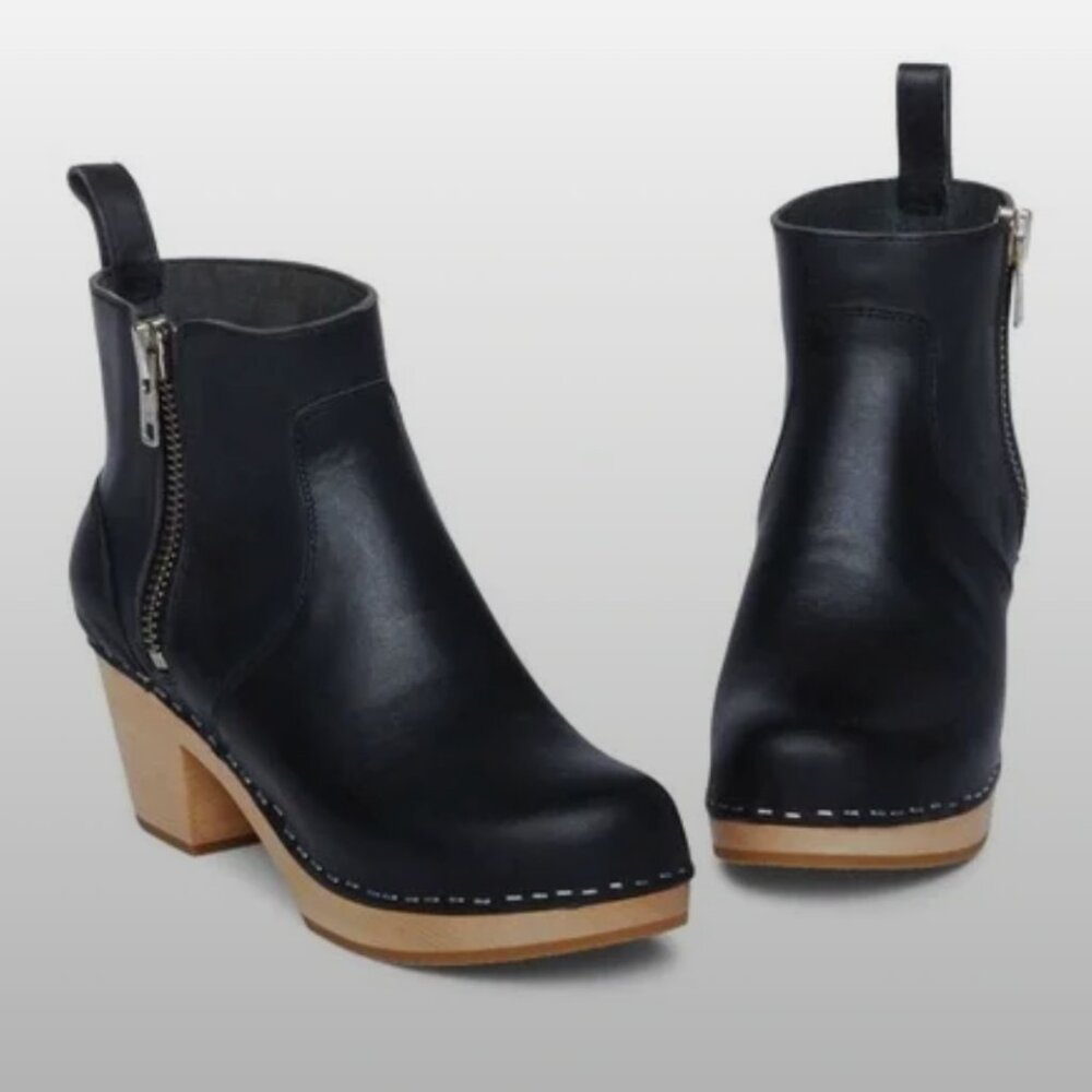 Swedish Hasbeens Emy Black Leather Ankle Boots with Wooden Heel